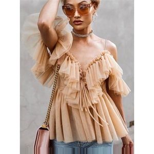 Simplee Tulle Off Shoulder Ruffle Peach Top Large